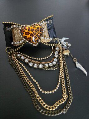 Betsey Johnson Leopard Heart Bow with Chains Brooch